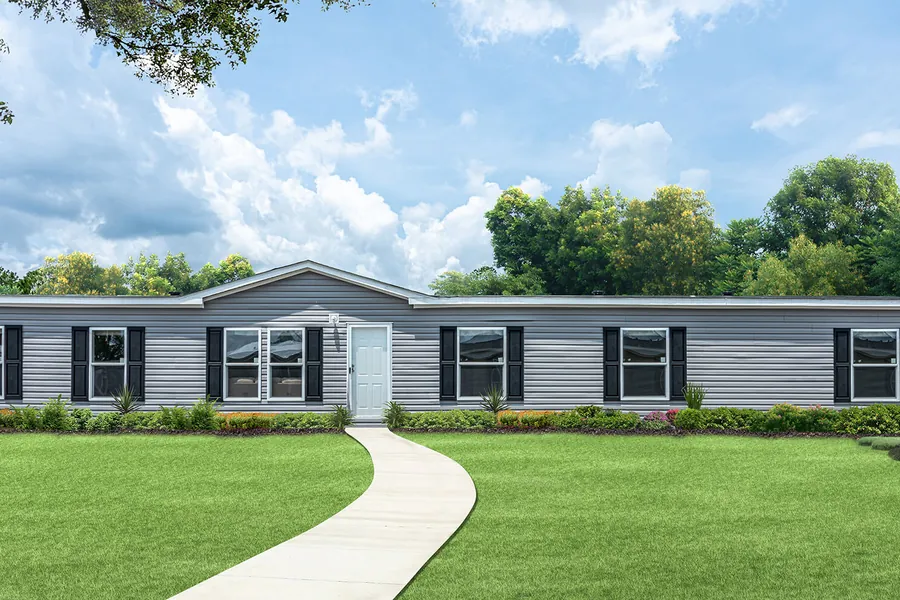 5K manufactured home exterior in gray with a curved front walk